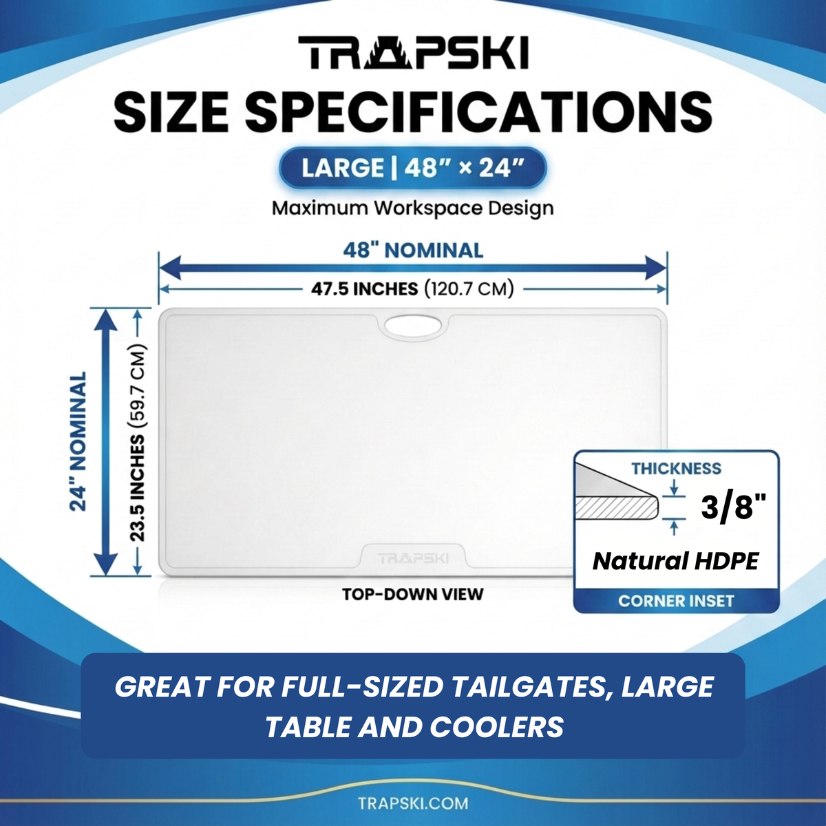 Big Game Cutting Chopping Board 3/8 Inch Thick | Food-Grade HDPE Optional Non-Skid Rubber Feet, Wide Juice Groove | 32 or 48 in x 18 in or 24 in for Tailgates, Coolers and Tables | Easy Grip Handle